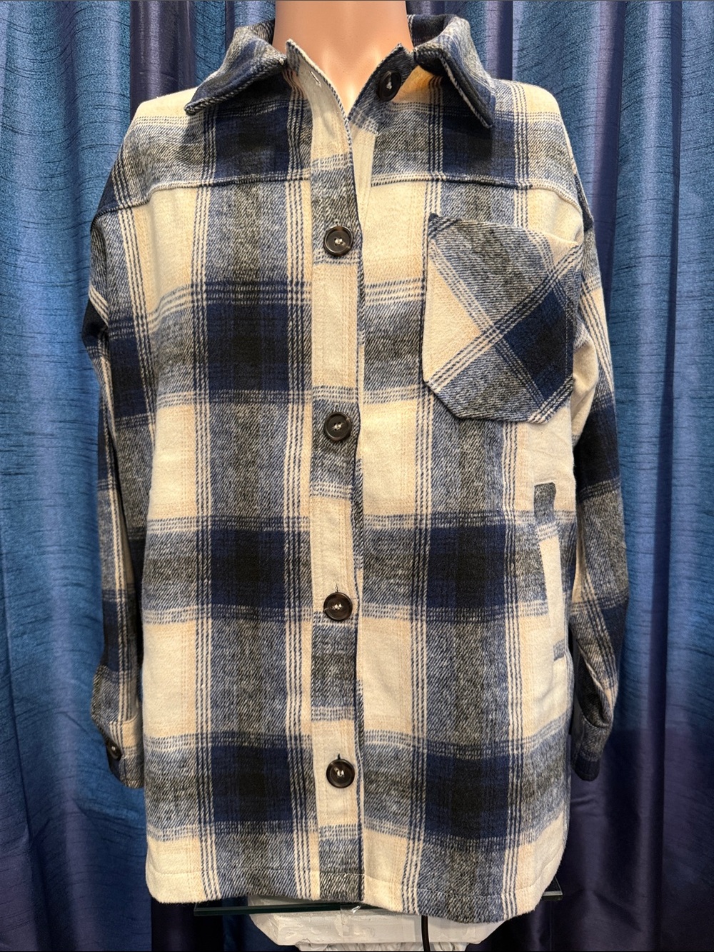 Zenana Outfitters Blue and Cream Plaid Button-Front Shacket